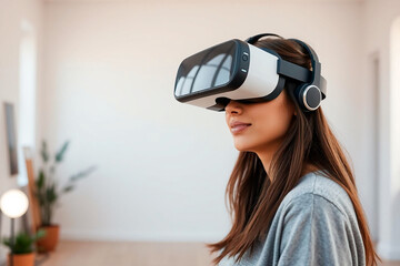 Young woman experiencing VR at home in minimalist interior