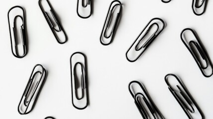 A collection of black paper clips arranged on a white surface