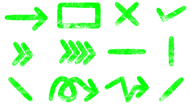 A collection of hand-drawn green grunge textured arrows and symbols including checkmarks and crosses on a white background.
