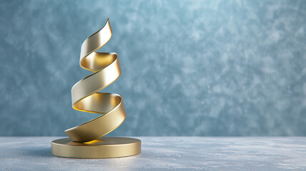 A sleek, golden sculpture spirals upward against a textured blue background, symbolizing elegance and artistic creativity.