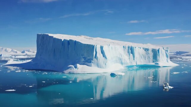 Massive tabular iceberg floating in bright blue arctic ocean with reflections and distant mountains