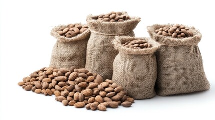 A collection of burlap sacks filled with almonds, showcasing natural food storage