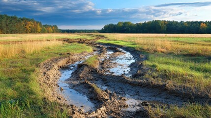Muddy tracks in a field showing signs of recent vehicle use