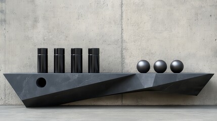 Modern perfume bottles and spheres on a geometric concrete shelf