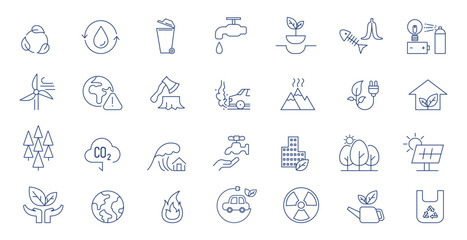 Environmental Conservation Icons | Climate Change Awareness | Pollution Prevention | Green Energy | Forest Protection | Water Saving | Sustainable Development | Nature Care | Eco Symbols | Vector Set.