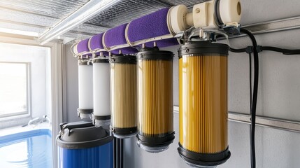 Multiple water purification filter cartridges are neatly arranged in a row for home or industrial use