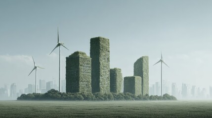 Green city buildings covered in vegetation with wind turbines for renewable energy. Sustainable urban development and eco friendly living concept.