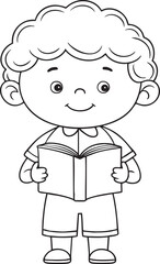 Smiling boy holding open book line art for school learning education and children reading illustration