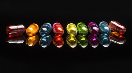A collection of colorful capsules arranged on a reflective surface