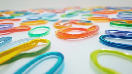  A collection of colorful paper clips arranged on a white surface