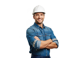 Smiling construction worker wearing a hard hat isolated on transparent background