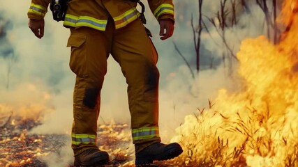 A firefighter stands near a burning fire, ready to take action