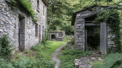 Overgrown Stone Ruins In Forest Landscape Setting