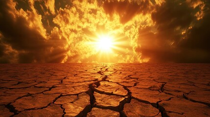 Parched earth with deep cracks under a burning sun