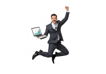 Excited businessman jumps with laptop displaying financial growth isolated on transparent background