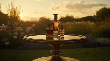 Perfume bottles displayed on a golden table in outdoor sunset