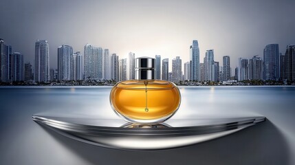 Perfume bottle reflecting city skyline on polished metal surface