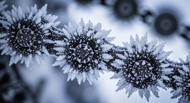 The bicycle chain became covered with intricate icy details in winter.