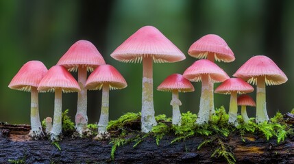 Array of vibrant pink fungi growing on decaying wood in a forest environment