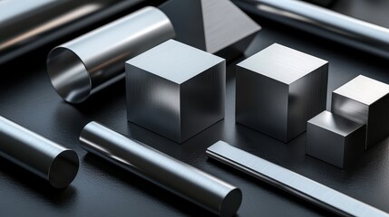 Polished steel geometric shapes including cubes pyramids and cylinders arranged on a dark reflective surface