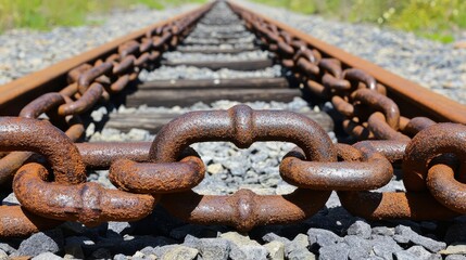 Rusty heavy industrial chains and couplings lie across abandoned railroad tracks in a close up outdoor shot