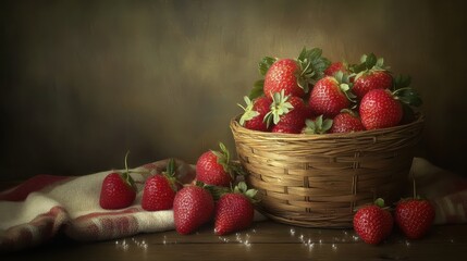 Basket of ripe strawberries on wooden surface