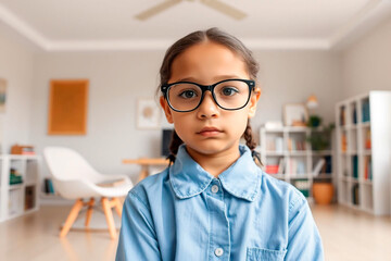 Serious young girl with braids and glasses in cozy home interior