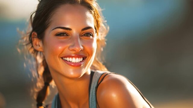 Radiant Smile in Sunlight: A captivating woman's bright smile and clear skin capture the essence of pure joy under the warm sunlight.