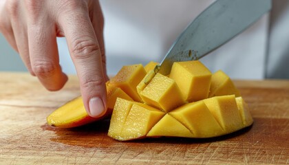 Hand Slicing Ripe Mango Into Cubes on Wooden Cutting Board for Healthy Snack
