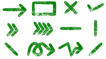 A collection of green hand-drawn grunge style symbols including arrows, checkmarks, and geometric...