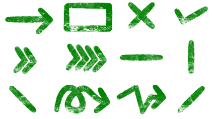 A collection of green hand-drawn grunge style symbols including arrows, checkmarks, and geometric shapes.