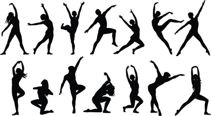 Dancers and fitness people silhouette vector set, men and women stretching and posing, active body figures collection isolated black.