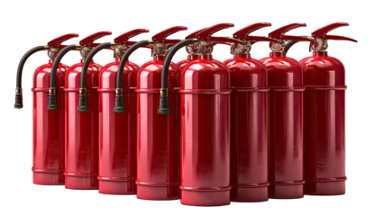 Row of twelve red fire extinguishers