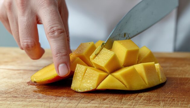 Hand Slicing Ripe Mango Into Cubes on Wooden Cutting Board for Healthy Snack