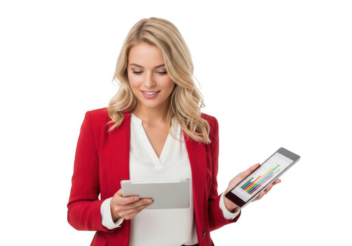 Woman in red blazer holding tablet and mobile device isolated on transparent background