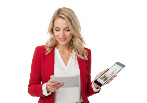 Woman in red blazer holding tablet and mobile device isolated on transparent background