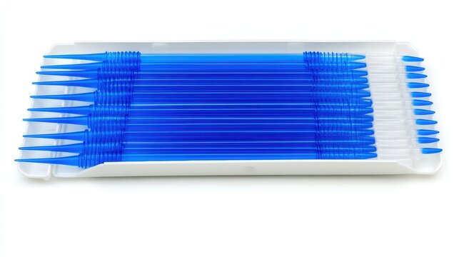 Blue pipette tips arranged in a white dispenser box
