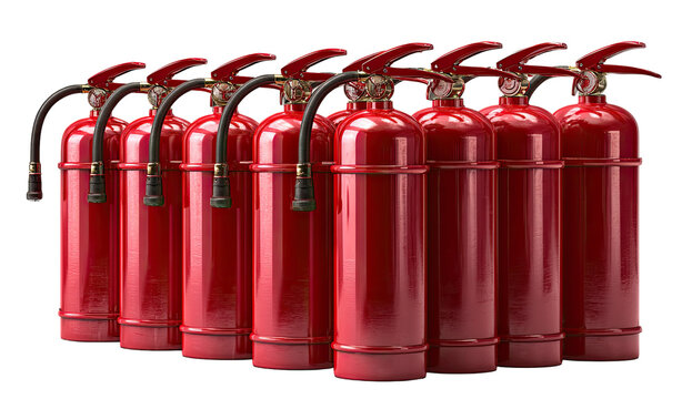Row of twelve red fire extinguishers
