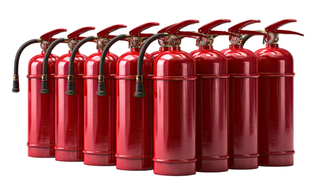 Row of twelve red fire extinguishers