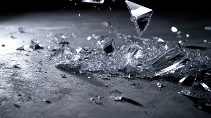 Shattered glass fragments scattering on a dark grey surface