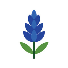Stylized blue flower with green leaves on white background