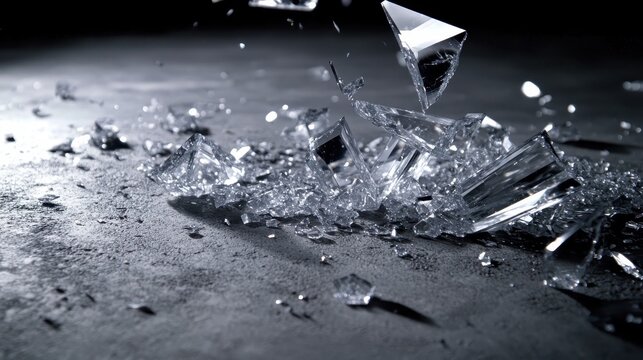 Shattered glass fragments scattering on a dark grey surface