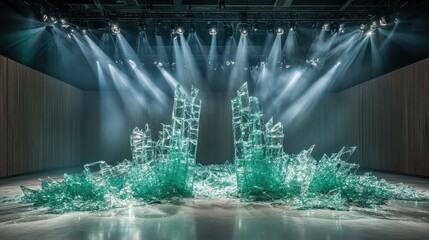 Shattered Glass Sculptural Installation on a Stage with Brilliant Lighting