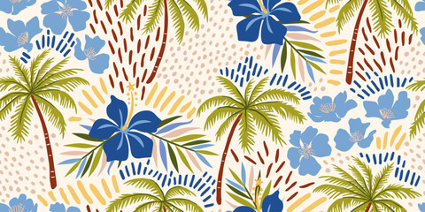 Tropical seamless pattern with hand drawn palm trees. Hawaiian florals summer background for fabric, textiles, clothing, poster, cover, decoration, banner, wallpaper, interior. Vector illustration.