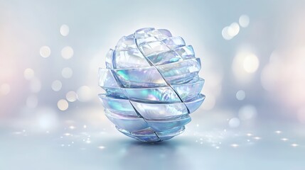 Stacked iridescent abalone shell fragments forming a spherical layered design with shimmering light and soft bokeh background