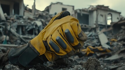 Sturdy yellow work gloves with reinforced knuckles are held together amidst rubble and destroyed buildings signifying disaster relief efforts