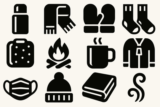 Body Warmth Icons. Body Warmth bold vector icon set: thermos, scarf, mittens, socks, heat pack, fire pit, cocoa mug, jacket zip, face mask, wool hat, blanket, steam swirl.