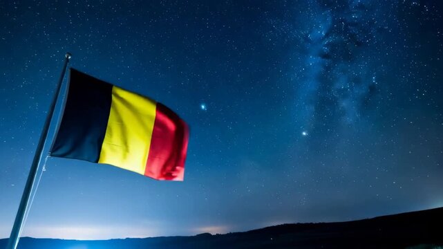 Belgium national flag waving under a starry night sky. Patriotism concept for national holiday celebration or independence day.