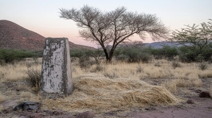 Sun bleached dry grass and straw gathered in a rural outdoor landscape with a tree and distant hills at twilight