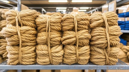 Bundles of thick tightly woven natural fiber rope cordage stacked neatly in organized rows on warehouse shelves awaiting use